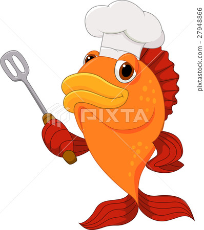 Footcartoonfish,Footcartoonfish 插图素材: cute fish chef cartoon holding spatula