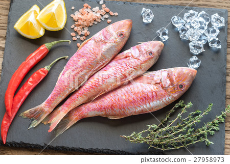 图库照片: raw red mullet with ingredients