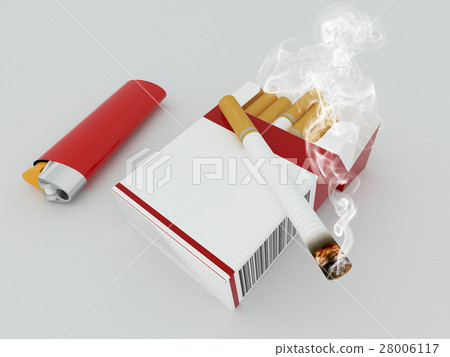 插图素材: 3d render of a pack of cigarettes with red lighter