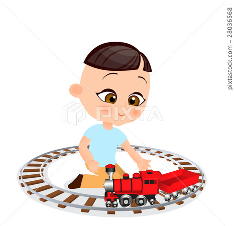 图库插图: japanese boy with toy train. boy playing train.