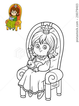 插图素材: coloring book, princess and rabbit on the throne