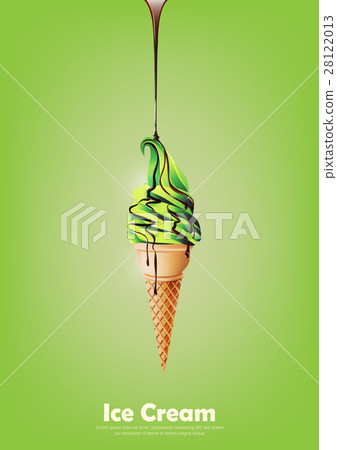 图库插图: green ice cream cone, pour chocolate syrup