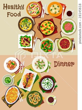 插图素材: salad and snack dishes for festive dinner icon set