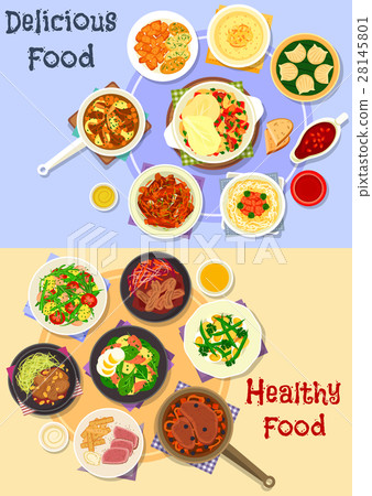 图库插图: tasty dishes for dinner menu icon set design