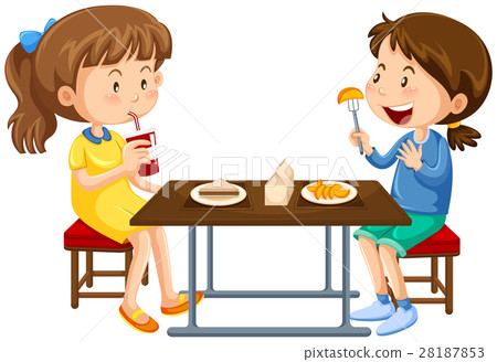 插图素材: two girls eating on picnic table