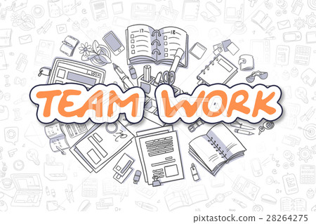 插图素材: team work - doodle orange text. business concept.