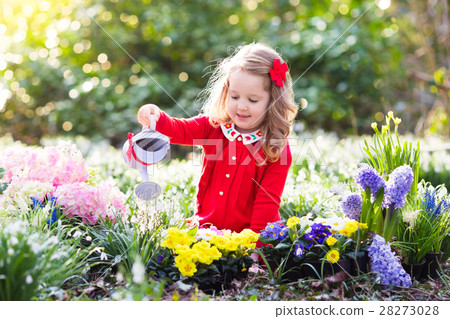 plant flowers,overflowers 图库照片: kids plant and water flowers in spring garden