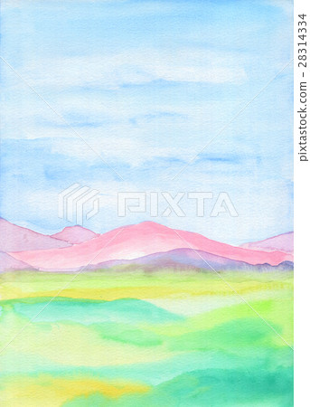 插图素材 与桃红色小山和蓝天的手画水彩山水画