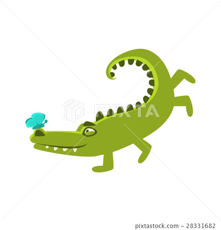 插图素材: crocodile playing with butterfly sitting on hos