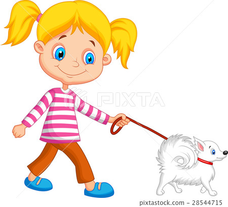 插图素材: cute girl walking with dog
