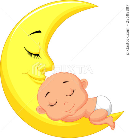 图库插图: cute baby sleeping on the moon