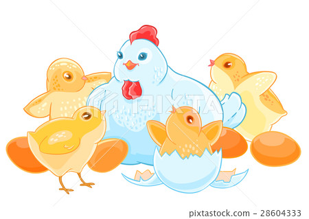 图库插图: cartoon mother hen sits on the eggs. brood of cute