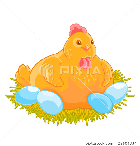 插图素材: the yellow hen incubates the eggs in the nest.