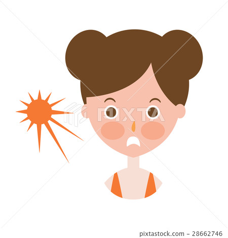 插图素材: woman upset with sunburn on cheeks, part of summer