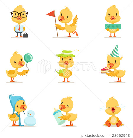 插图素材: little yellow duck chick different emotions and