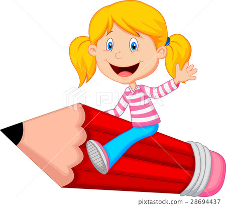 pencil cartoon,cartoonpencil 图库插图: cartoon girl riding flying pencil