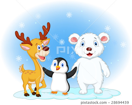 插图素材: cute animal cartoon in the snowy background