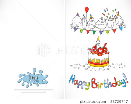 插图素材: happy birthday card. cartoon funny bird on a