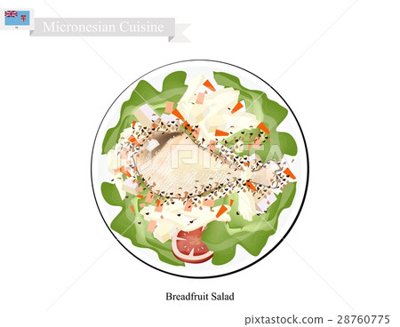 图库插图: breadfruit salad with chicken, food in micronesia