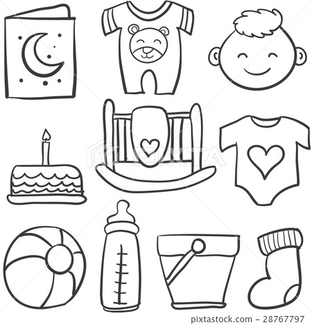 图库插图: doodle of baby theme with toy cake