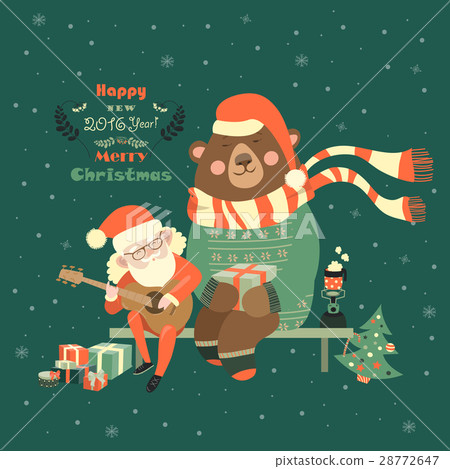 图库插图: santa claus is playing guitar for the bear
