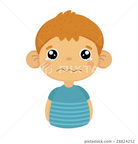 插图素材: tearful upset cute small boy with big ears in blue