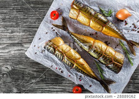 图库照片: smoked fish mackerel or scombe, top view