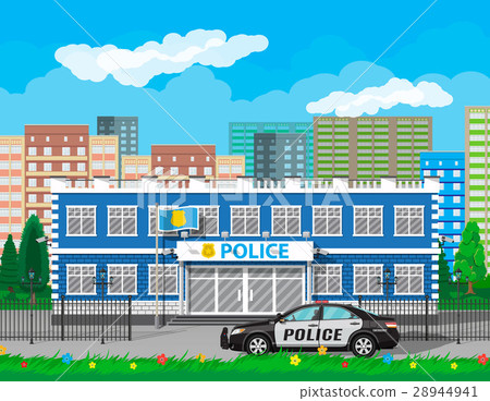 插图素材: city police station biulding, car, tree, cityscape