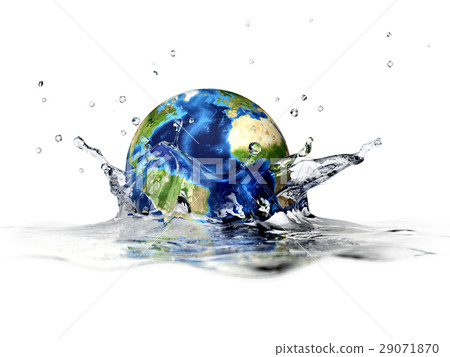 插图素材: planet earth, falling into clear water, forming a