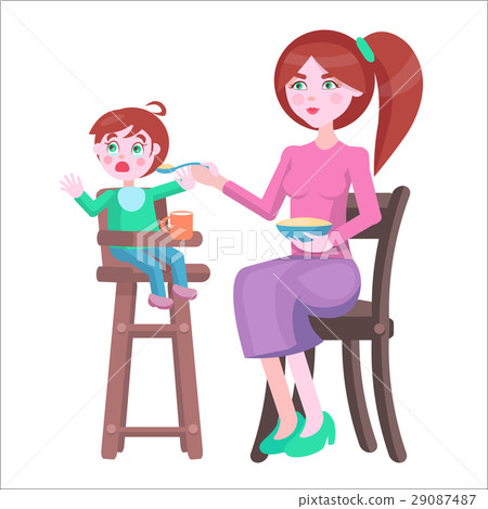 插图素材: mother feeds baby, who sits and cries on highchair