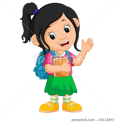 插图素材: cute girl go to school cartoon