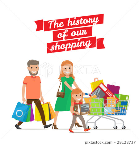 插图素材: history of our shopping. family with cart set 查看全部