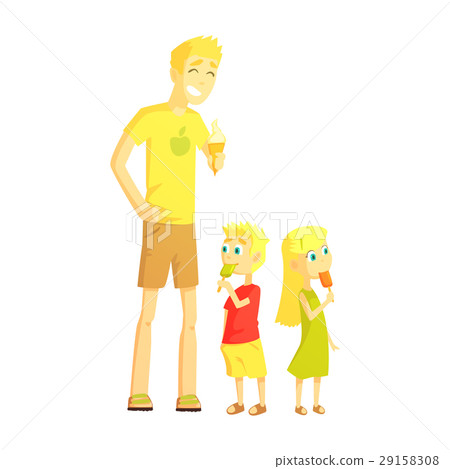 图库插图 dad and twin son and daughter eating ice-cream