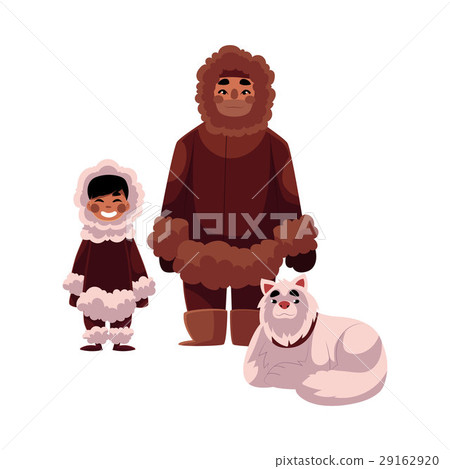 eskimo, inuit father, son in warm clothes with