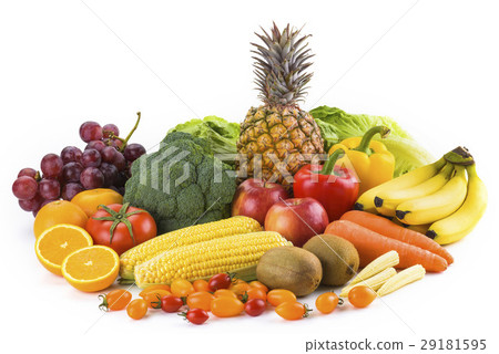 图库照片: fresh fruits and vegetables on white background