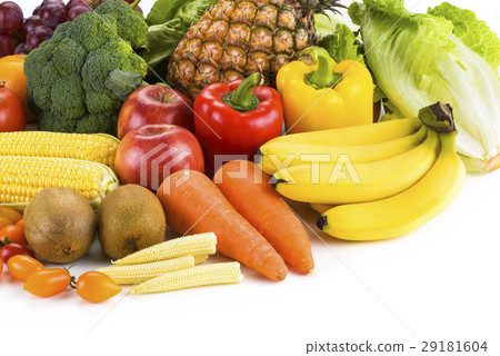 图库照片: fresh fruits and vegetables on white background