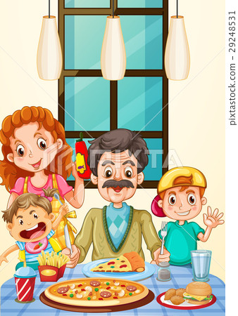 插图素材: family having pizza for dinner
