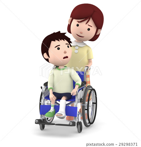 插图素材: 坐在轮椅上的姐姐与吉布斯男孩和母亲服务