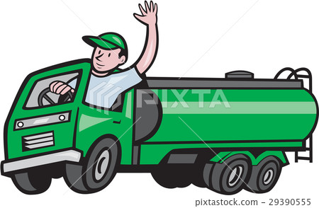 图库插图: 6 wheeler tanker truck driver waving cartoon