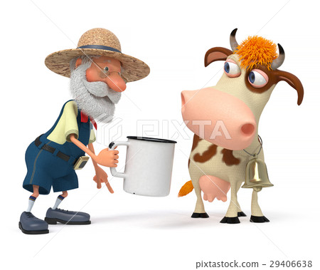 插图素材: 3d illustration the farmer with a cow