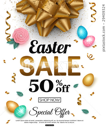 插图素材: easter sale banner with egg, gold ribbon vector