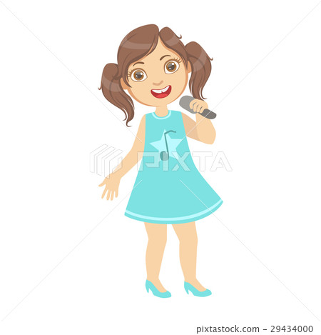 singing,singing contest 图库插图: girl with ponytails singing, kid performing on