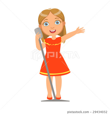 singing,singing contest 插图素材: girl in red dress singing, kid performing on stage