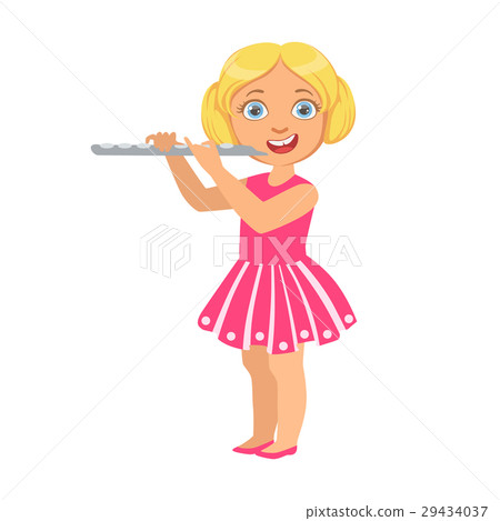 图库插图: girl playing flute, kid performing on stage