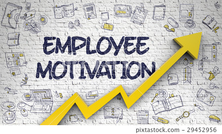 插图素材: employee motivation drawn on white brick wall. 3d.