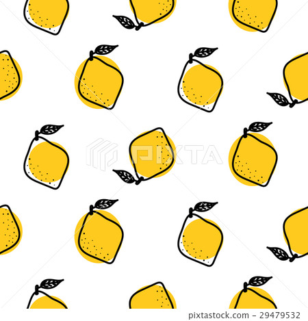 插图素材: yellow lemon with leaves vector seamless pattern.