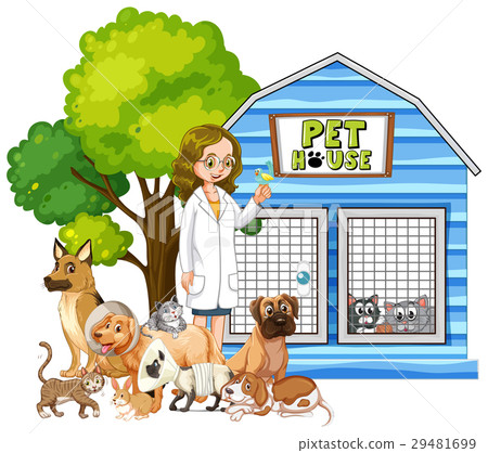 插图素材: vet and sick animals at pet house