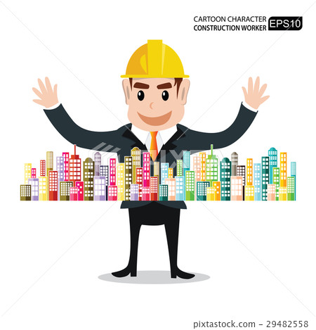 插图素材: cartoon engineer holding building.