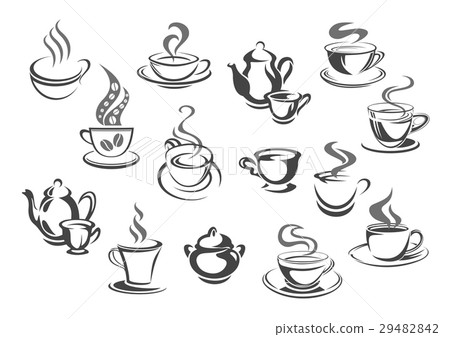 插图素材: cup of coffee and tea, teapot, sugar bowl icon set