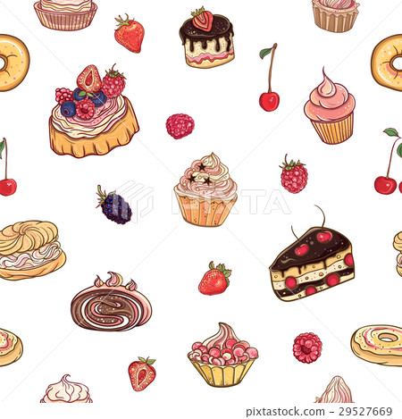 图库插图: vector seamless pattern with cakes, pastries